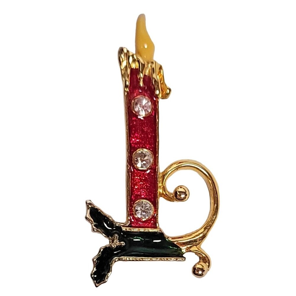 Gold Tone Red Enamel Clear Rhinestone Christmas Candle Pin